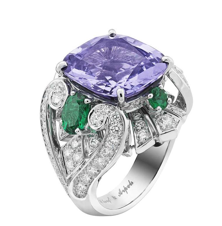Van Cleef & Arpels Peau d'Ane The Enchanted Forest collection Flower Night ring in white gold with a central 10.45ct purple cushion cut spinel, diamonds and oval and round-cut emeralds.