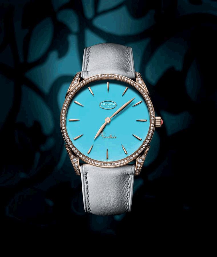 Tonda Pomellato Capri rose gold watch featuring a turquoise stone dial encircled by diamonds on the bezel and lugs.