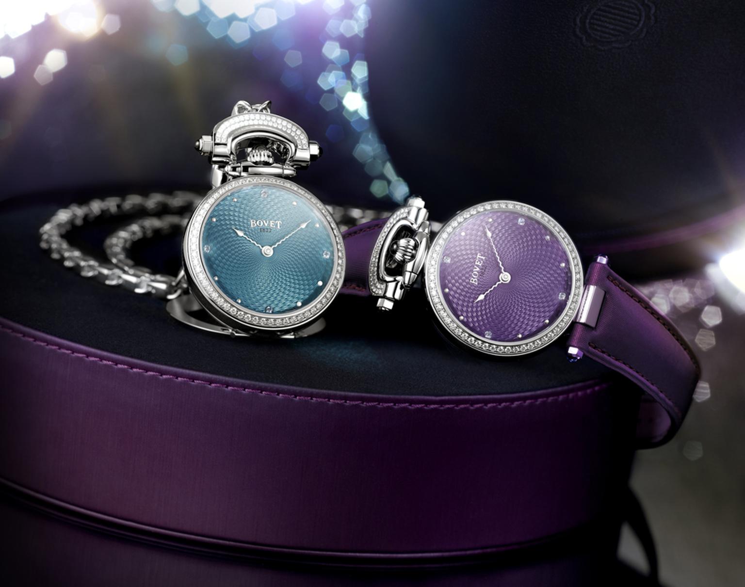 Bovet's Amadeo Fleurier 36 Miss Audrey watches, with their magnificent guilloché lacquered dials, are the lightest in the Fleurier collection, which allows them to be worn comfortably as a pendant.