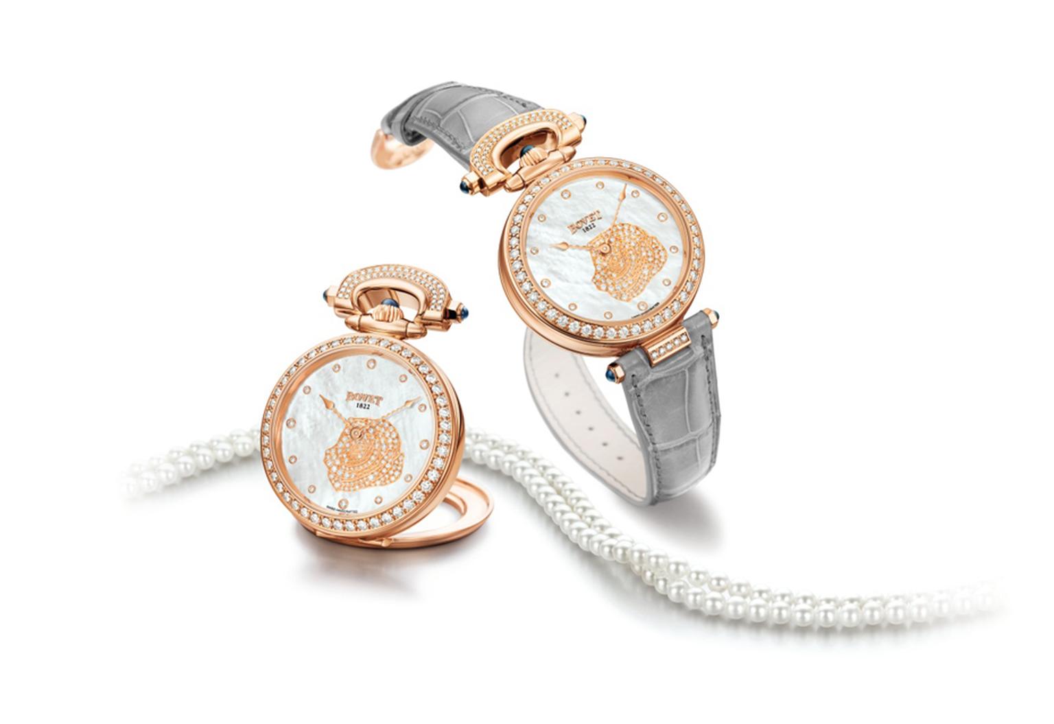 Bovet's Amadeo® Fleurier 39 Rose from the 2013 collection features a mother-of-pearl dial and pearl necklace.