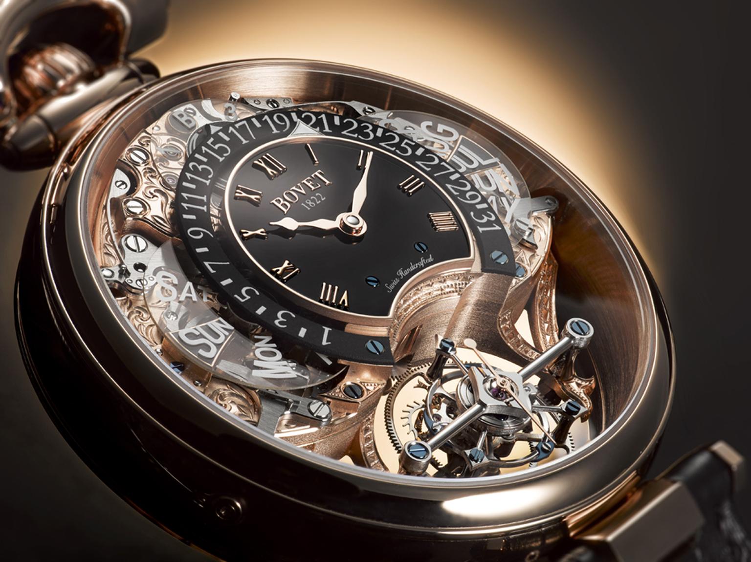 Thanks to Bovet's patented Amadeo® system, the Amadeo® Fleurier Tourbillon Virtuoso III is able to transform into a pocket watch, a wristwatch, a pendant and a table clock by simply depressing the