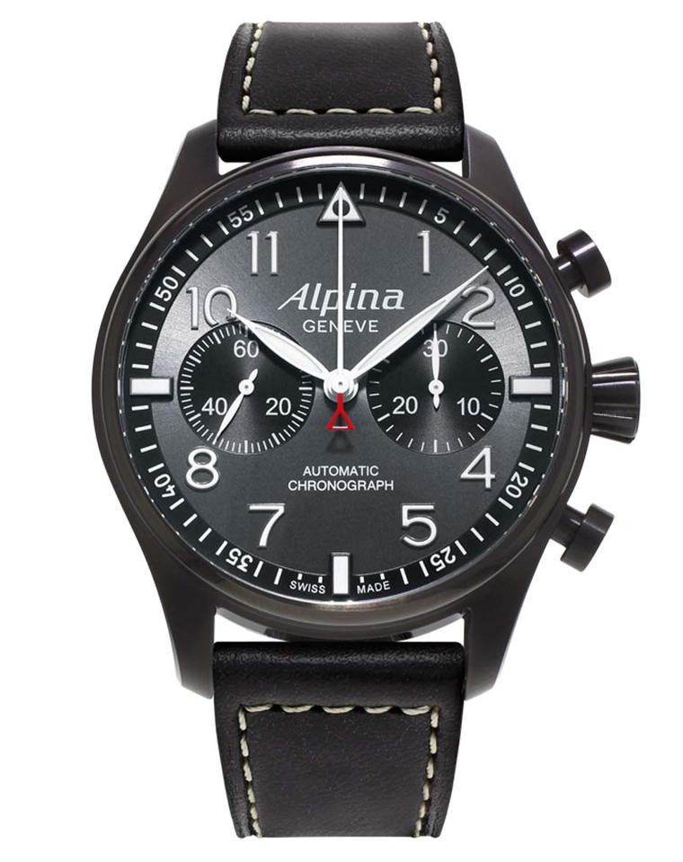A relaunch of one of its military-issue pilot's watches, Alpina's new Swiss Pilot Automatic watch features black PVD coating and an automatic bi-compax chronograph movement.