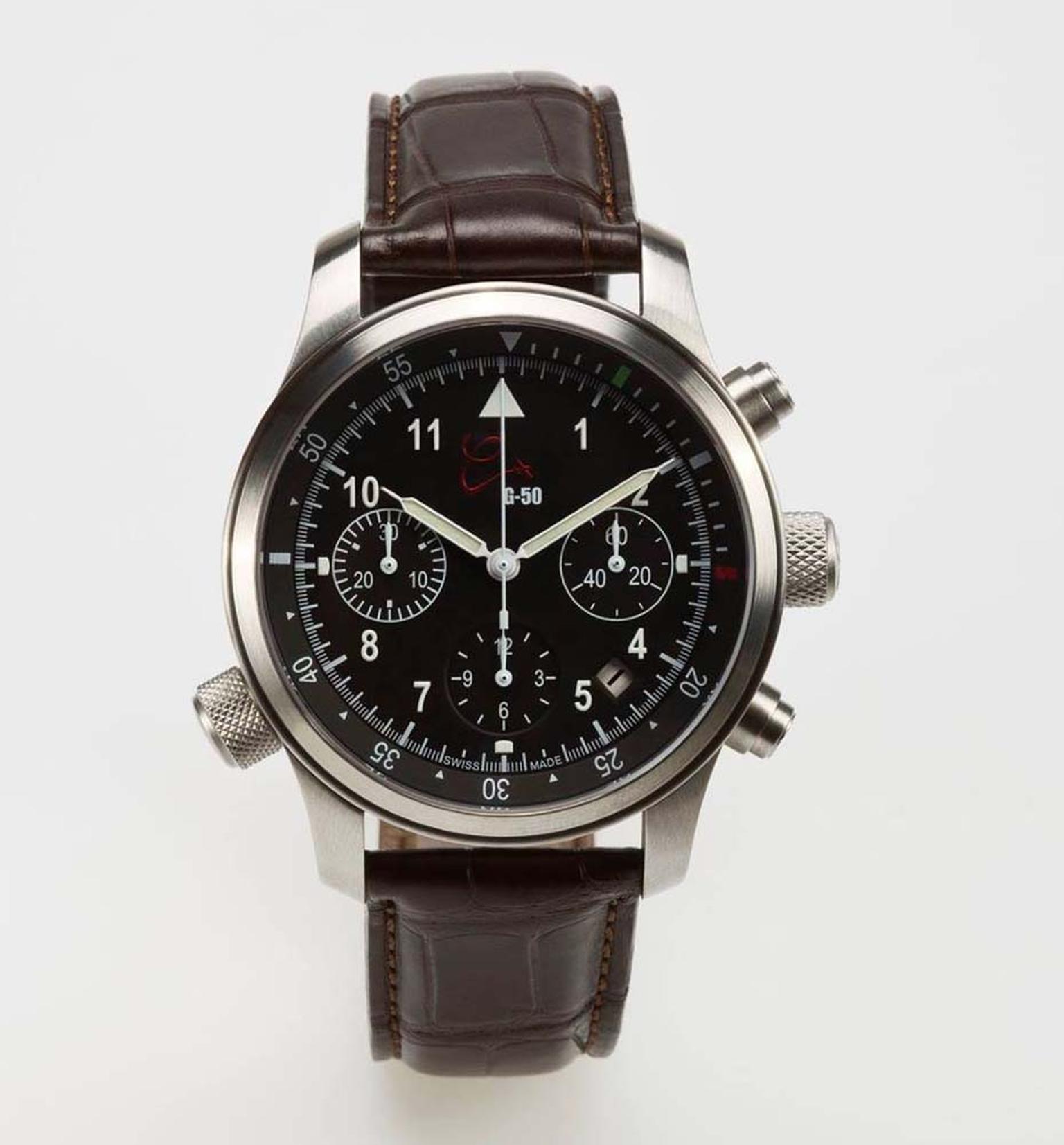 The Orologi Calamai G50 Chronograph watch is cut from the steel of an Italian F-104 jetfighter. The dial can be easily read, even in the tightest and darkest of cockpits.