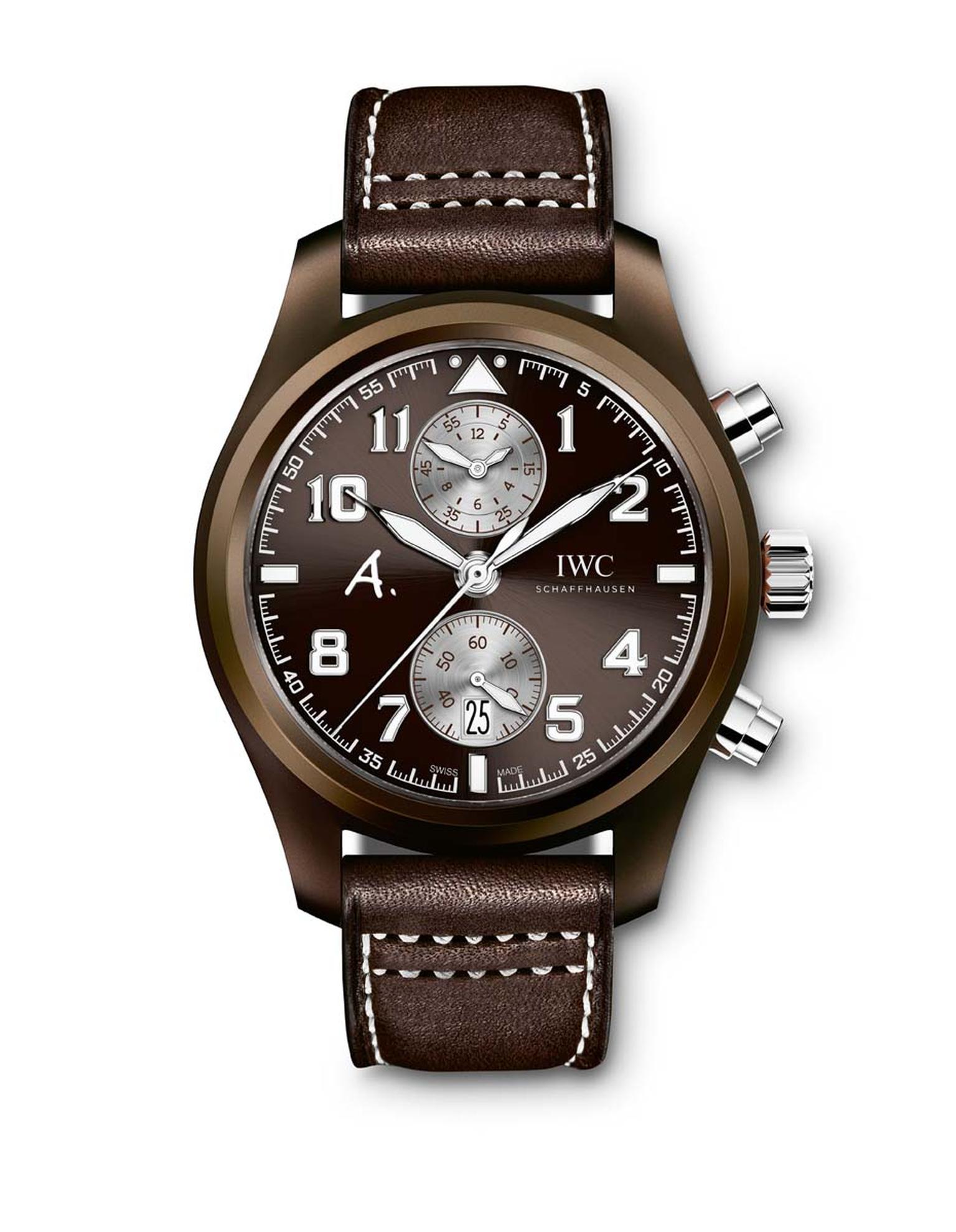 IWC's Pilot’s Edition "The Last Flight" watch, with an automatic chronograph movement and an in-house calibre 89361, is now available in brown ceramic, which is lighter than steel and practically scratch resistant