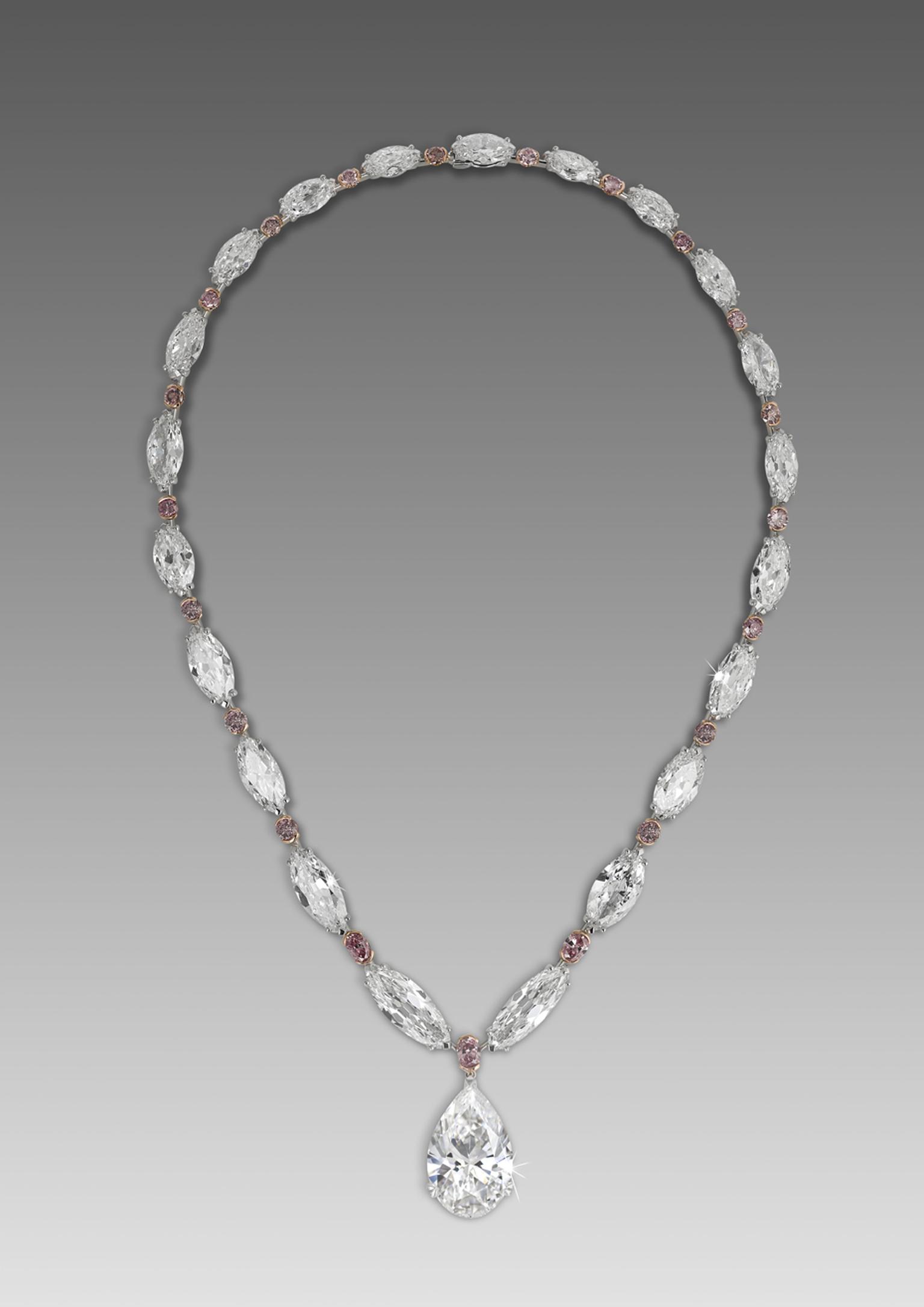 David Morris 22.22ct D IF pear-shaped diamond drop on an antique marquise-cut white diamond and brilliant-cut pink diamond necklace.
