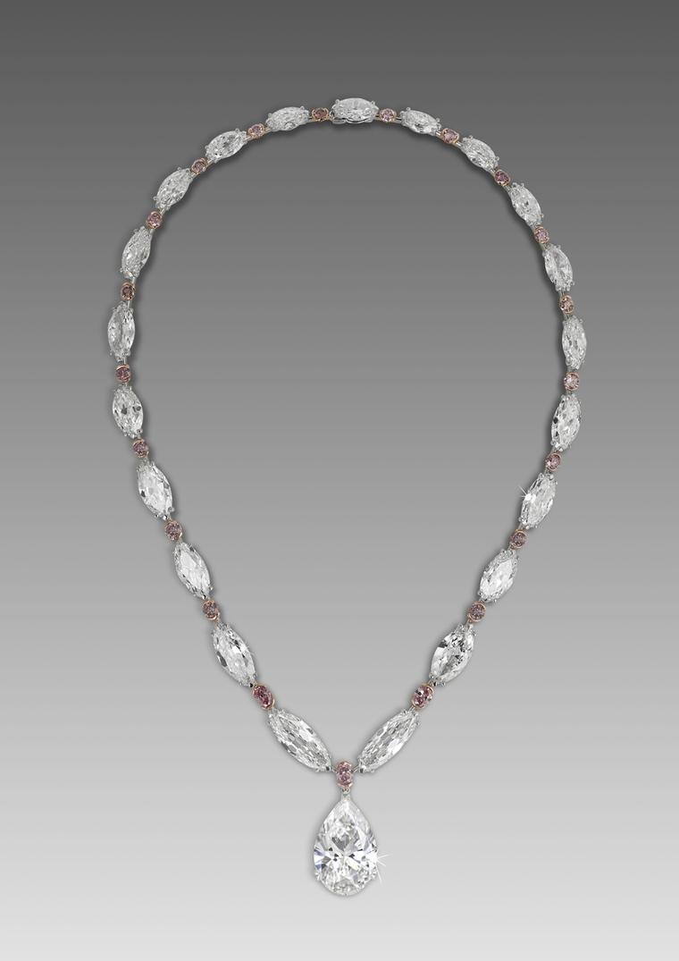 David Morris 22.22ct D IF pear-shaped diamond drop on an antique marquise-cut white diamond and brilliant-cut pink diamond necklace.