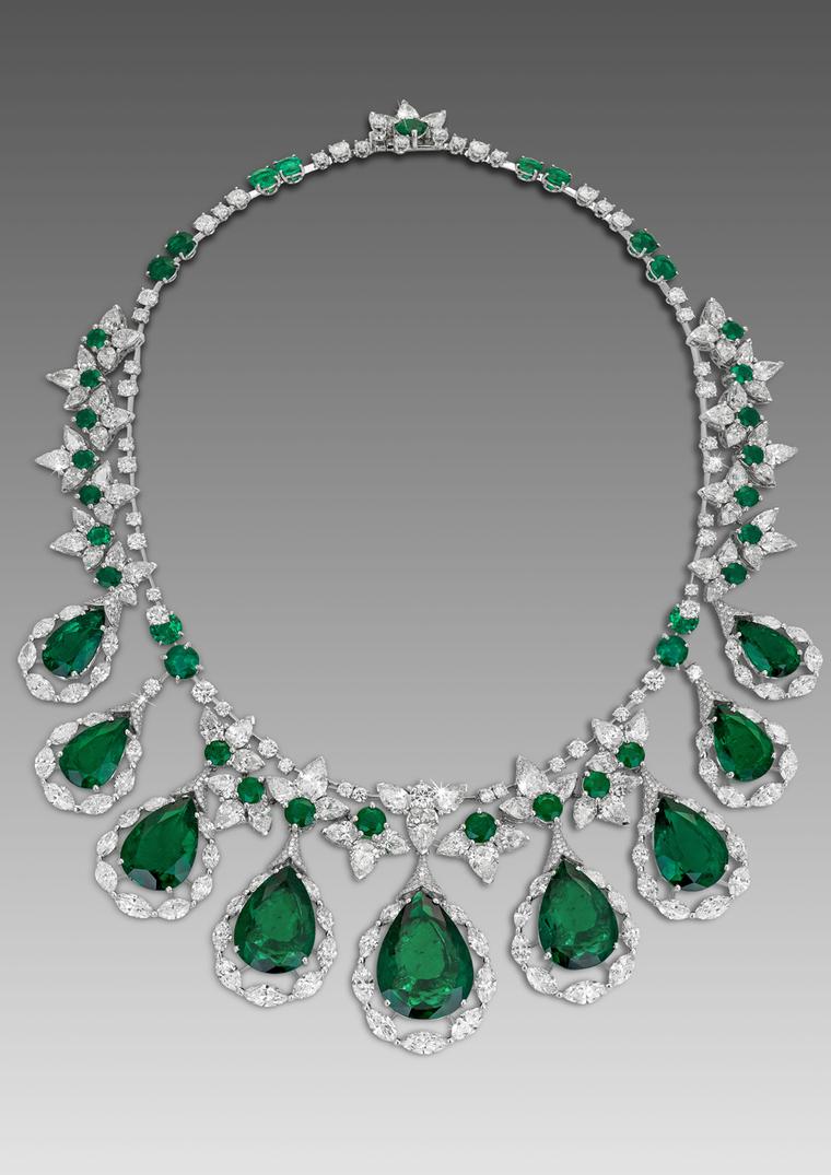 David Morris Fan necklace featuring pear and round shaped Colombian emeralds with marquise and pear-shaped diamonds.
