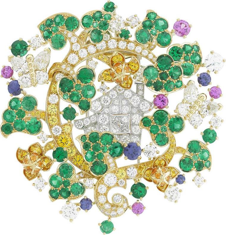 Van Cleef & Arpels Peau d'Ane Enchanted Forest collection Forêt merveilleuse clip in white  and yellow gold with round, pear-shaped and princess-cut diamonds, yellow diamonds, pink and purple sapphires and emeralds.