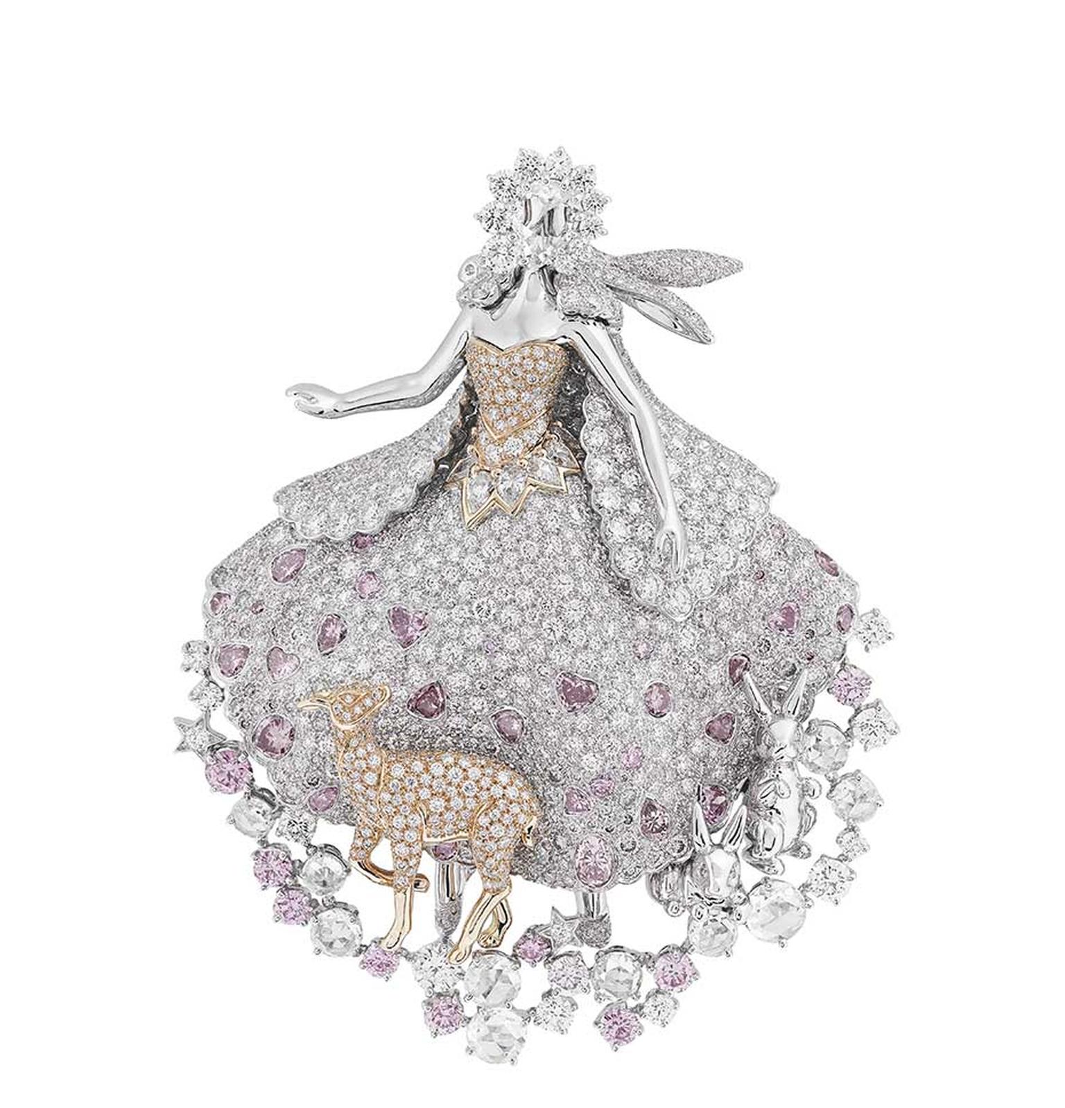 Van Cleef & Arpels Peau d'Ane Enchanted Forest collection Donkey Skin clip in white gold with round, square and pear-cut white, pink and grey diamonds.
