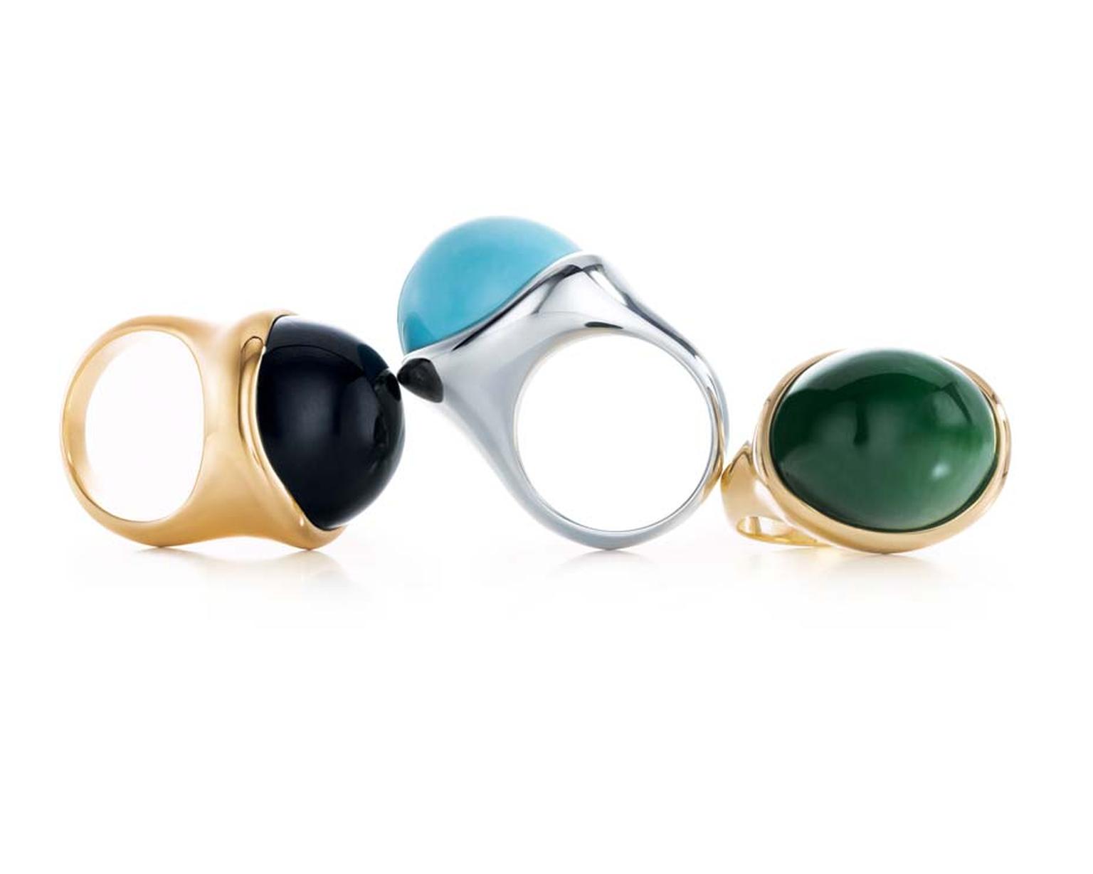 Elsa Peretti for Tiffany Cabochon rings in gold and silver set with hand-carved black jade, turquoise and green jade.