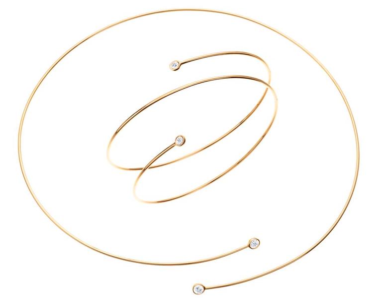 Elsa Peretti Diamond Hoop necklace and bracelet in yellow gold.
