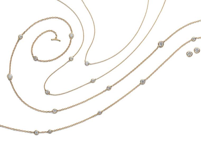 Elsa Peretti for Tiffany Diamonds by the Yard necklaces and earrings in yellow gold.