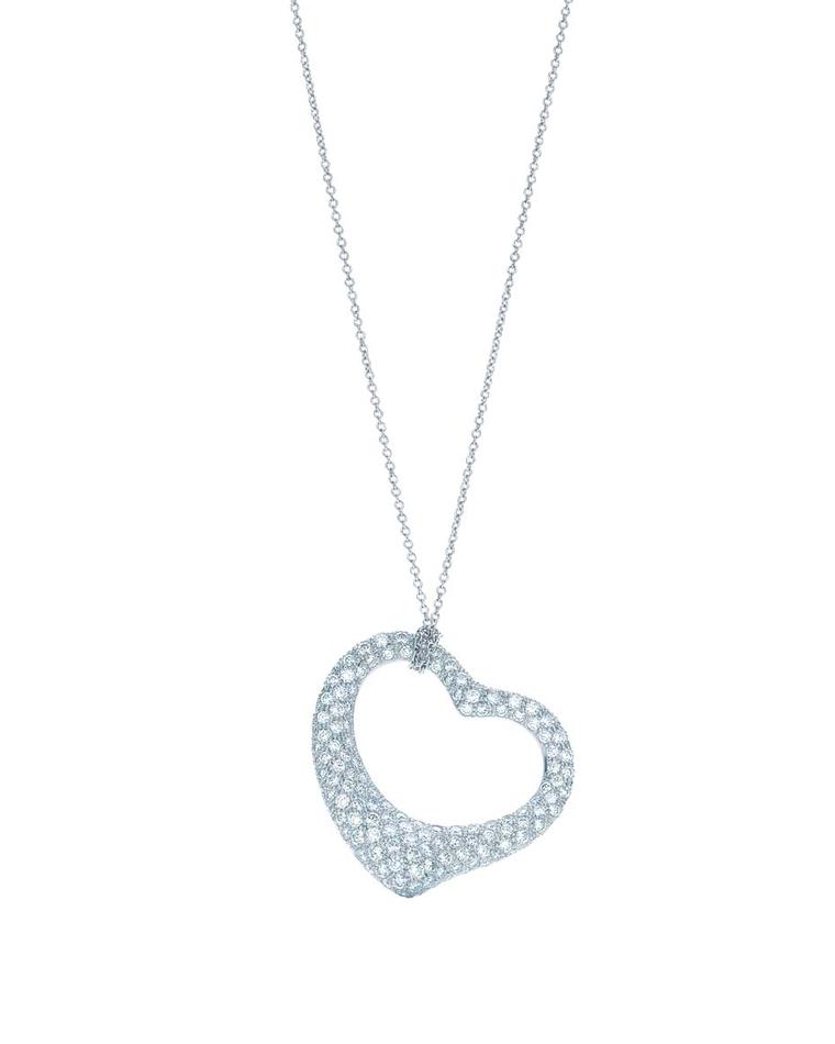 Elsa Peretti for Tiffany Open Heart pendant in platinum with pavé diamonds.