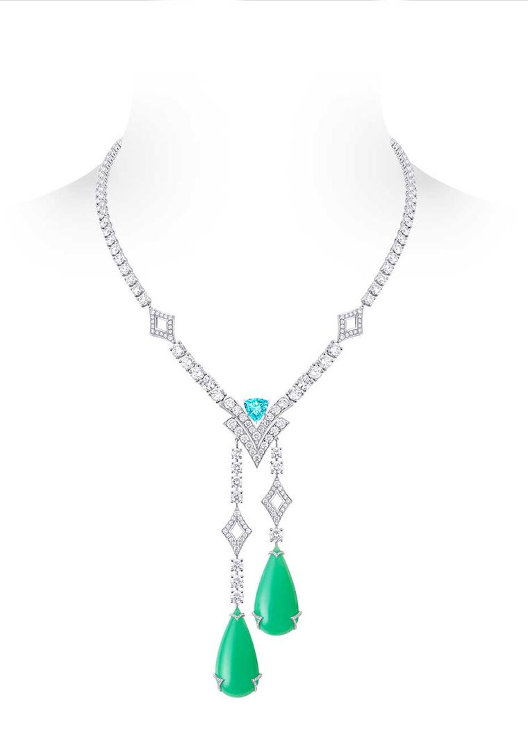 Louis Vuitton Acte V Metamophosis high jewellery necklace featuring two chrysoprase drops, a tourmaline and diamonds.