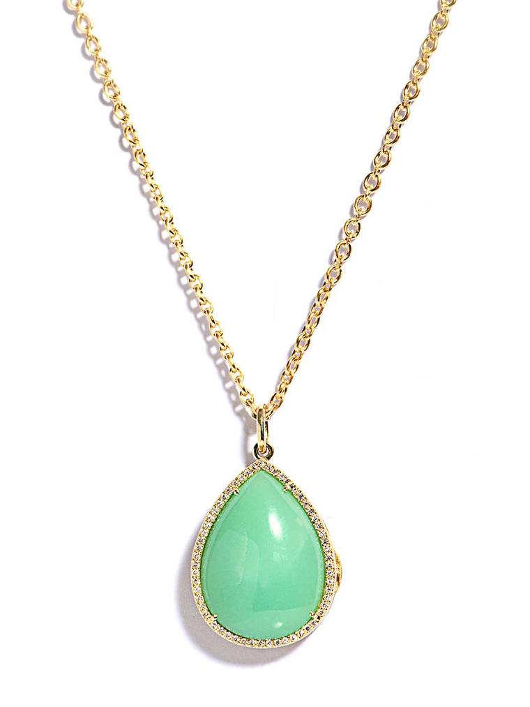 Irene Neuwirth diamond and mint chrysoprase locket necklace.