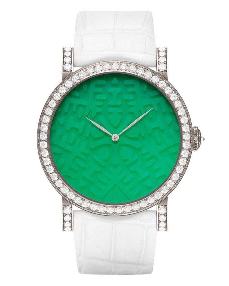 DeLaneau's Rondo Double Happiness watch in white gold, from the Strength collection, with a face hand-carved from chrysoprase.