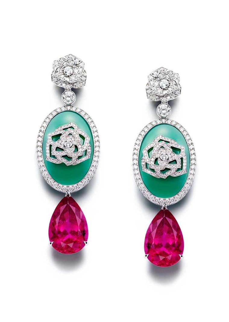 Piaget Rose Passion earrings in white gold, with pear shaped rubellites and chrysoprase surrounded by diamonds.