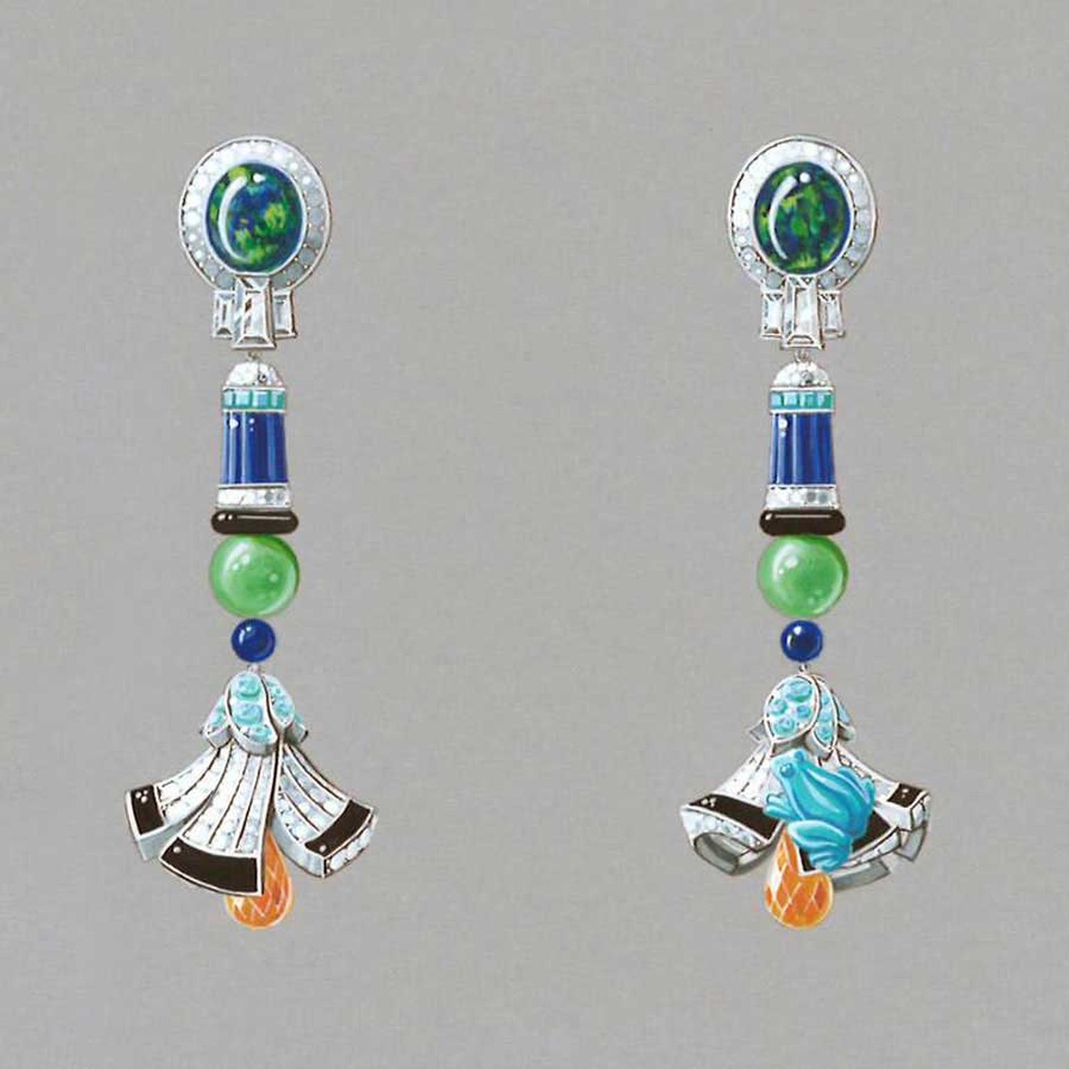 Van Cleef & Arpels Palais de la chance High Jewellery collection Lucky Legends Everlasting Light long earrings featuring white gold, diamonds, tourmalines, onyx, lapis lazuli, chrysoprase, turquoise, emeralds, Mandarin garnets and 2 black opals weighing 5