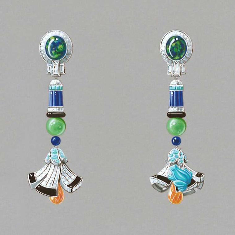 Van Cleef & Arpels Palais de la chance High Jewellery collection Lucky Legends Everlasting Light long earrings featuring white gold, diamonds, tourmalines, onyx, lapis lazuli, chrysoprase, turquoise, emeralds, Mandarin garnets and 2 black opals weighing 5