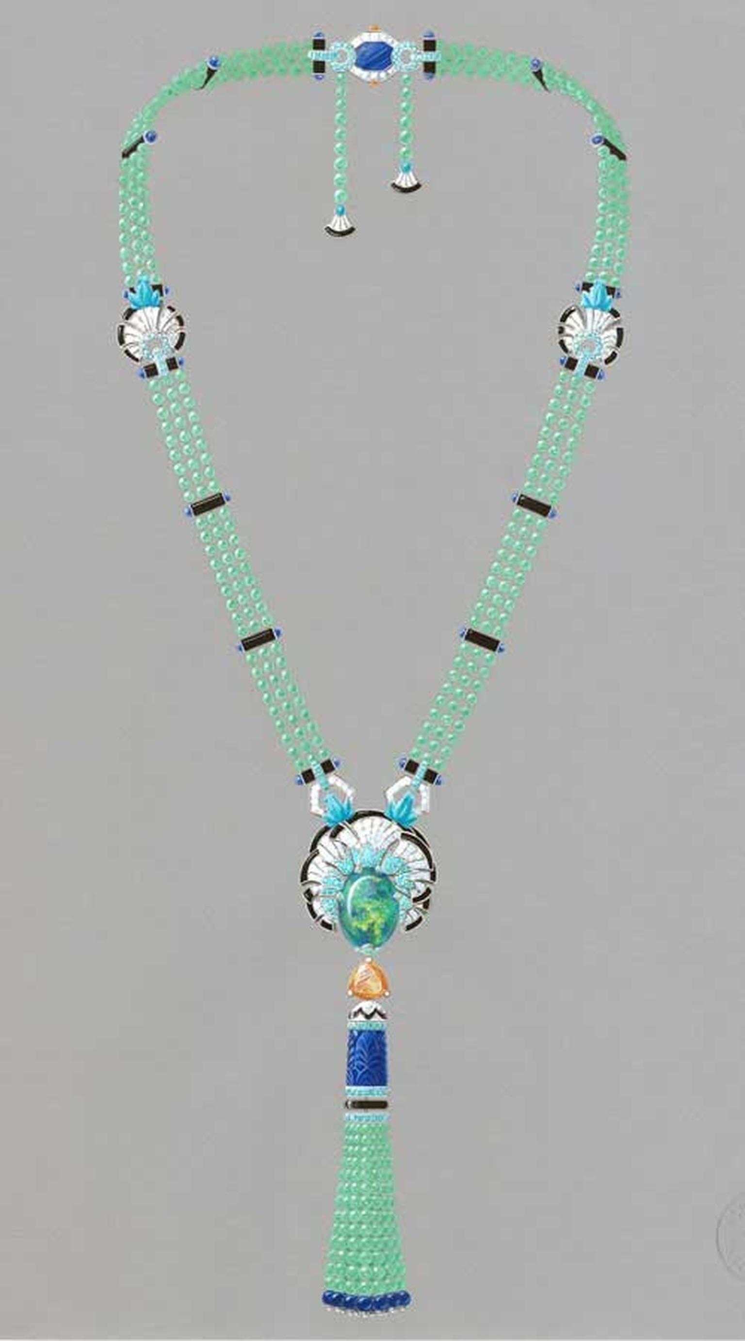 Van Cleef & Arpels Palais de la chance High Jewellery collection Lucky Legends Everlasting Light necklace featuring white gold, chrysoprase, Mandarin garnets, lapis lazuli, sapphires, diamonds, tourmalines, onyx, turquoise, emeralds and one 23.64ct. caboc