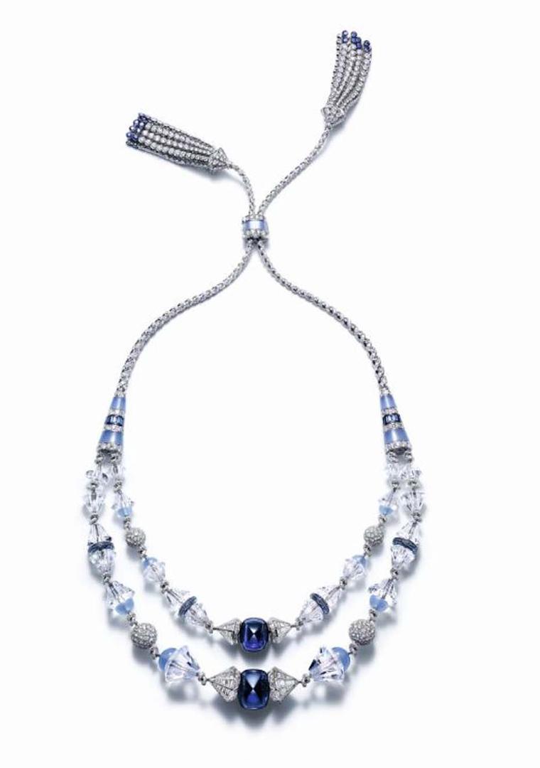 Boucheron Trésor de Perse necklace featuring two strings of diamonds that run through rock crystal and join in the centre with two cabochon sapphires.