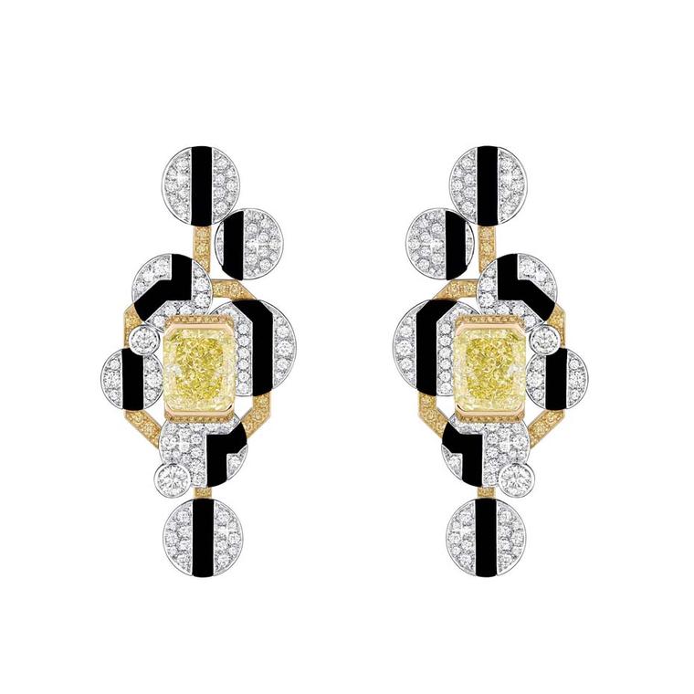 Combining the clean lines of avant-garde geometry with mesmerising mosaics of colour, Chanel's Café Society Morning in Vendome earrings feature circles of brillliant-cut white and yellow diamonds and two emerald-cut yellow diamonds.