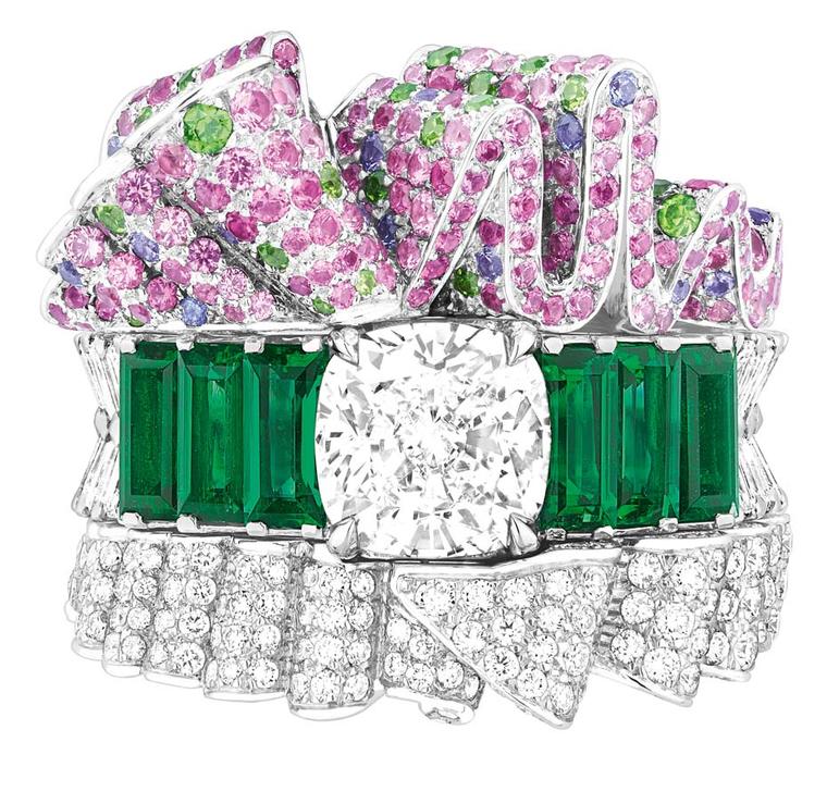 Dior Bar en Corolle Diamant ring in white gold with diamonds, pink and purple sapphires, emeralds and demantoid garnets.