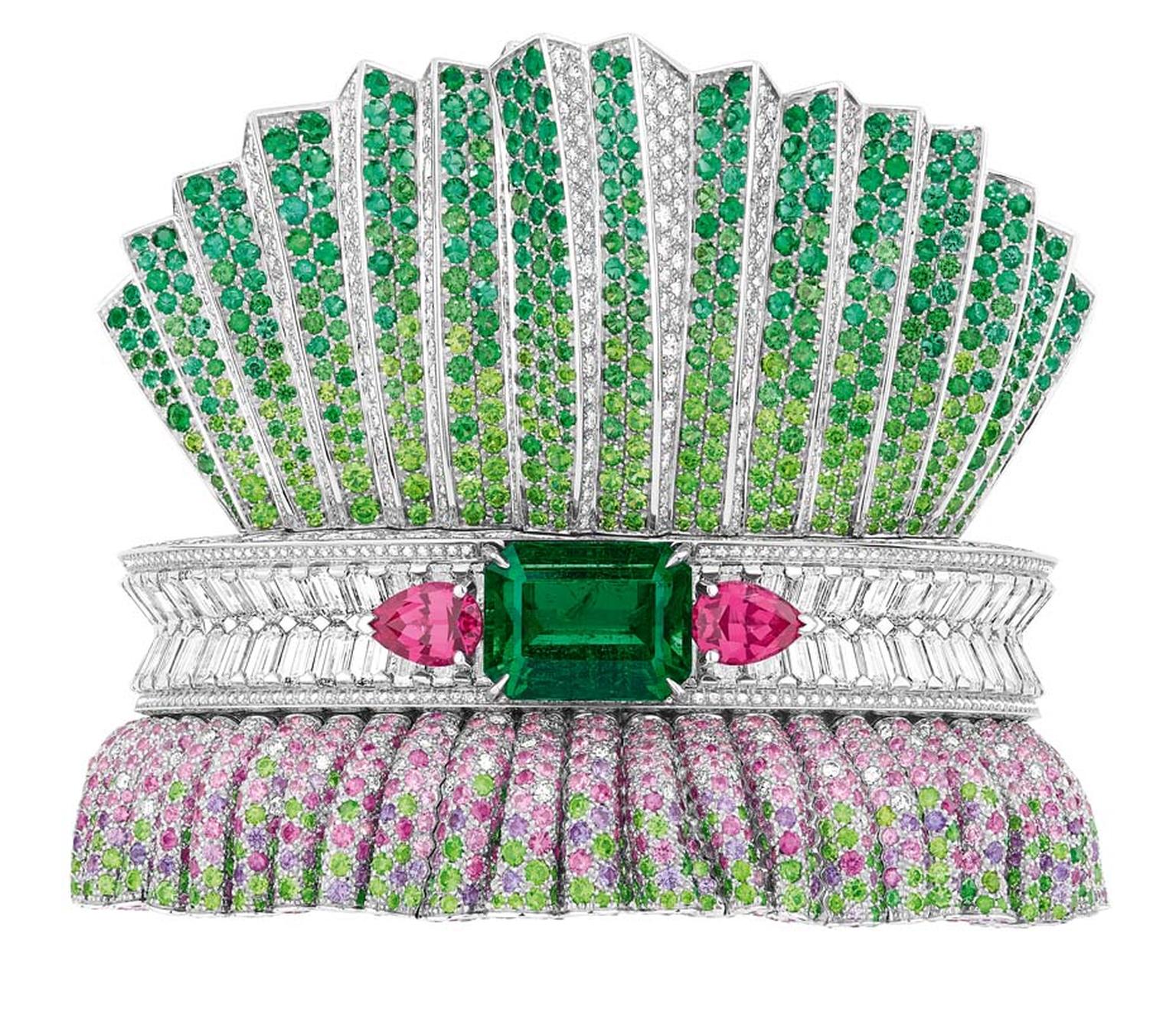 Dior Bar en Corolle Émeraude bracelet featuring white gold, diamonds, pink and purple sapphires, emeralds, demantoid garnets, tsavorite garnets and orangey-pink spinels.