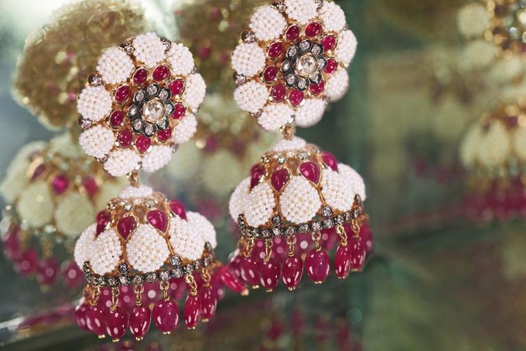 Moksh Taantvi collection Jhumkas earrings featuring rubies, brilliant and rose-cut diamonds, and fine Japanese keshi pearls.