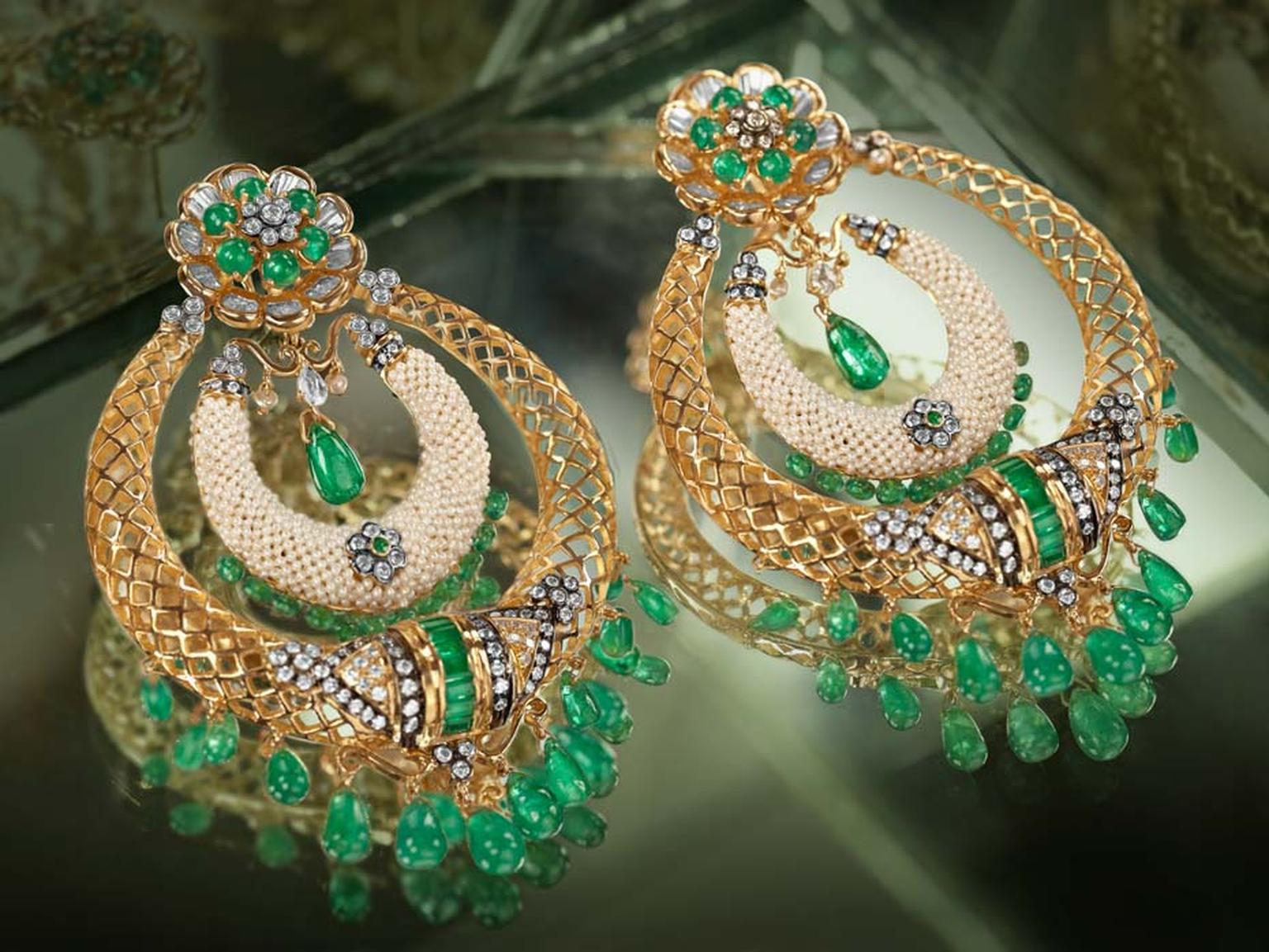 Moksh Taantvi collection Chand Balis earrings set with Zambian emeralds, baguette, brilliant and round-cut diamonds and fine Japanese keshi pearls.