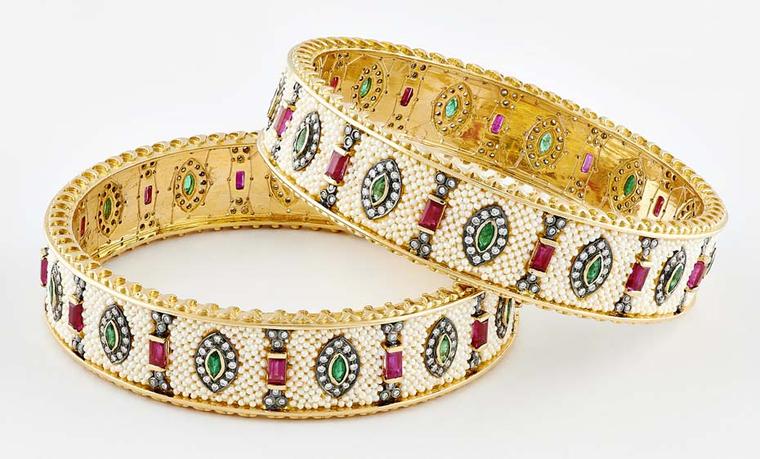 Moksh Taantvi collection Kangan (bangles) with Zambian emeralds, rubies, brilliant and rose-cut diamonds and fine Japanese keshi pearls.