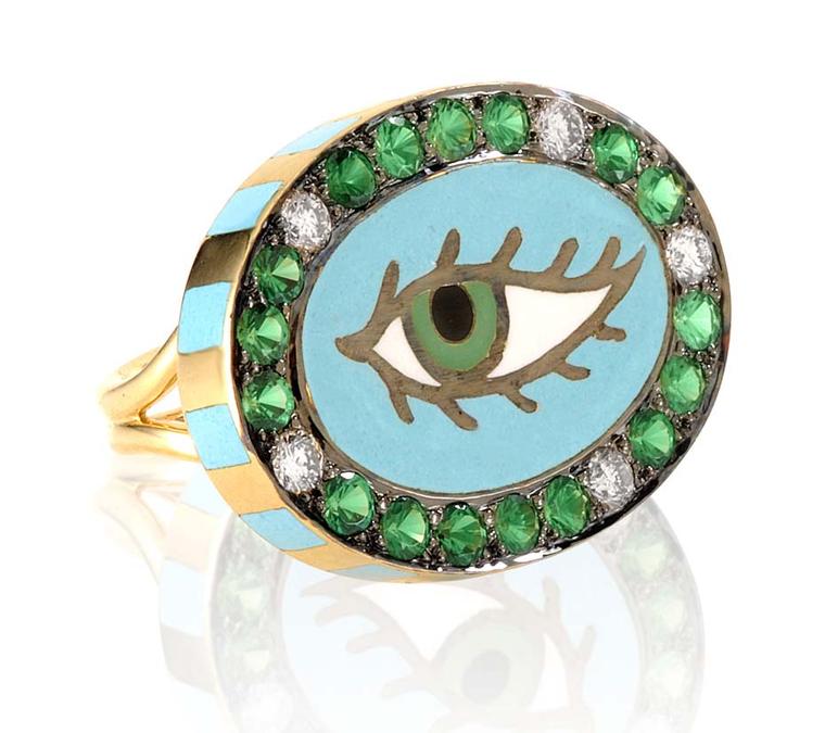 Holly Dyment Green Eye ring featuring vibrant enamelwork, diamonds and coloured stones.
