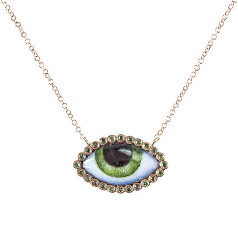 Lito Tu Es Partout pink gold necklace featuring a green enamelled eye surrounded by green diamonds.