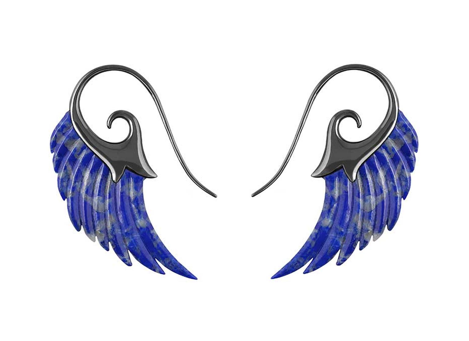 Noor Fares lapis lazuli Wing earrings with blue rhodium finish gold.