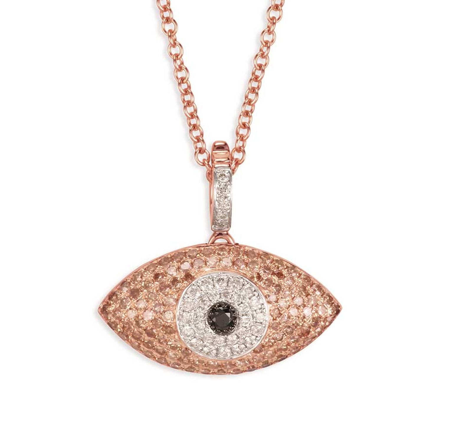 Sydney Evan Puffy Evil Eye necklace in rose gold with pavé champagne, black and white diamonds.