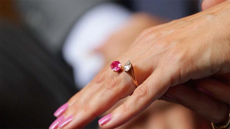 Maria Doulton models a ruby and diamond ring by Alexandre Reza.