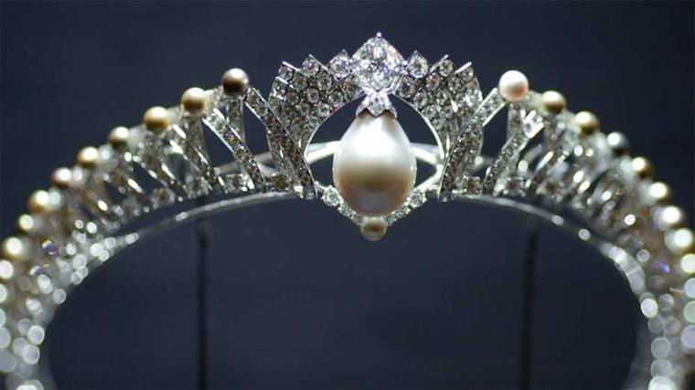 Cartier's new Royal collection includes this diamond tiara, which has a 66 Grade natural pearl once owned by Queen Mary at its heart.