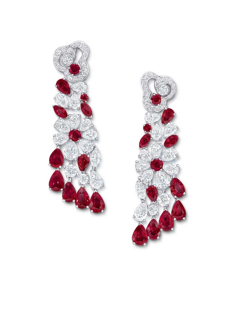 A pair of earrings set with pigeon's blood Burmese rubies and diamonds completes the La Biennale suite, created by Graff for the Biennale des Antiquaires 2014.