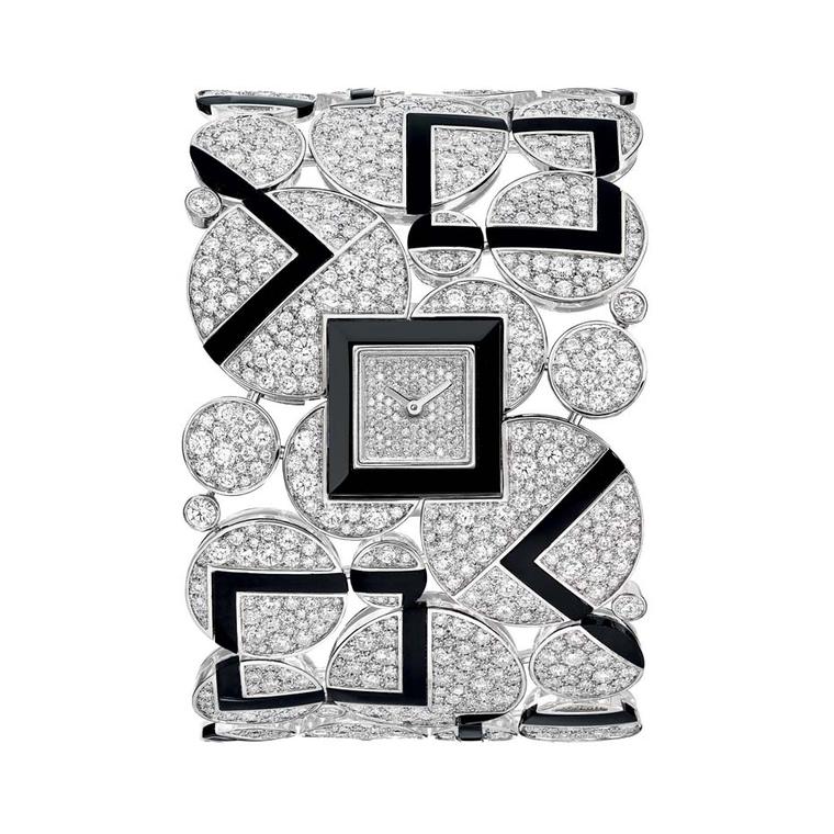 Chanel Café Society Bubbles high jewellery watch featuring diamond circles juxtaposed with geometric onyx shapes.