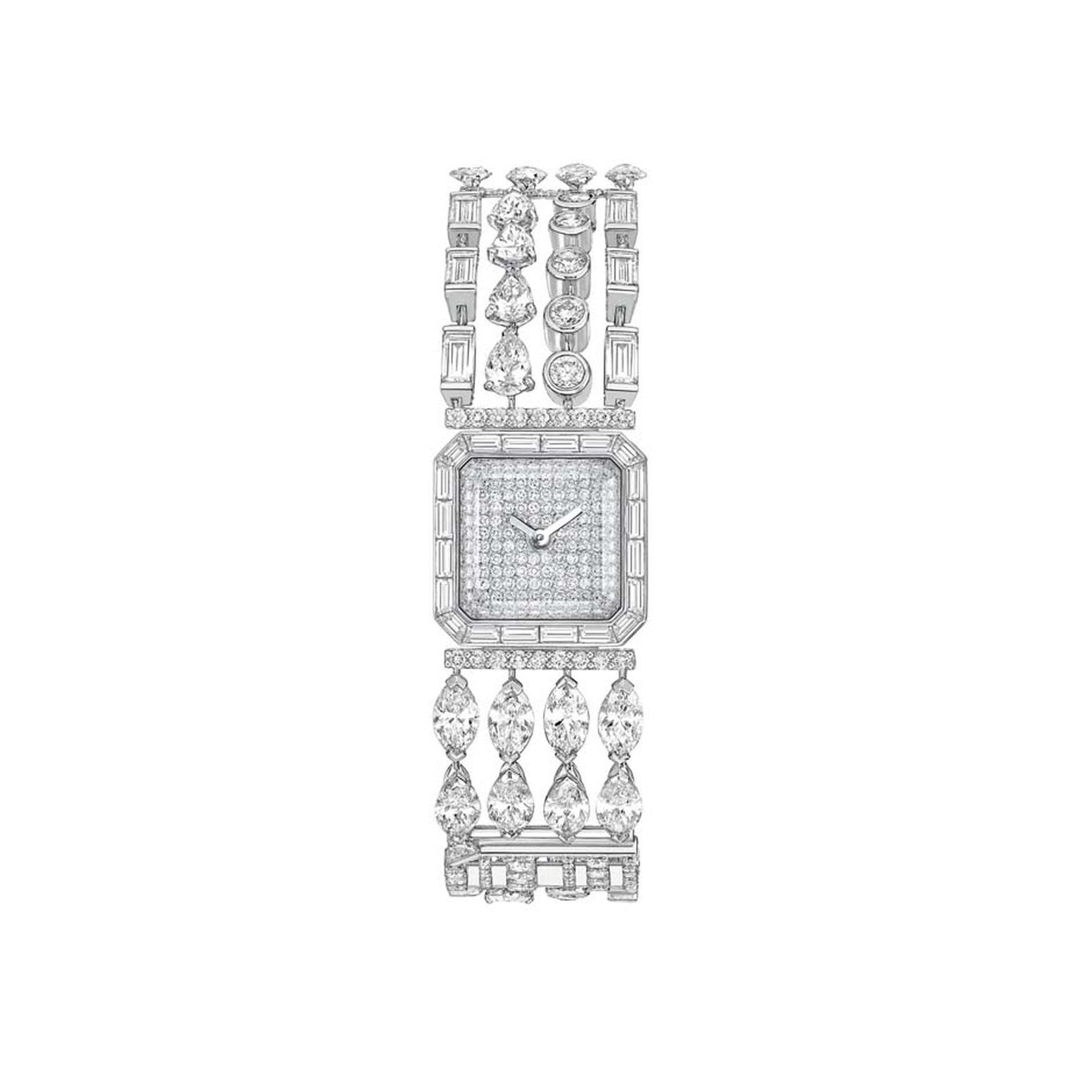 Chanel Café Society Symphony watch featuring fancy-cut diamonds with brilliant and baguette-cut diamonds.