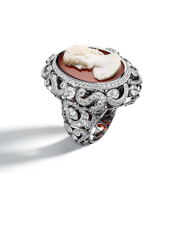 Giampiero Bodino Cameo ring in white gold featuring a chalcedony cameo and diamonds. Image by: Laziz Hamani