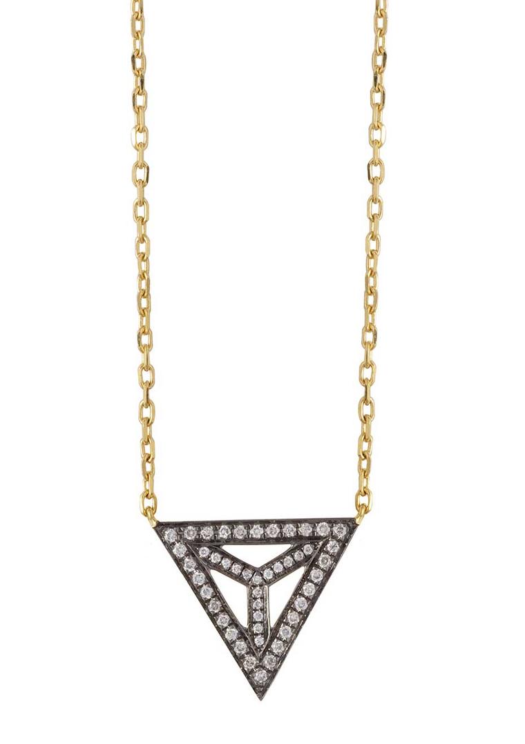 Noor Fares Tetrahedron necklace in yellow gold with white diamonds.
