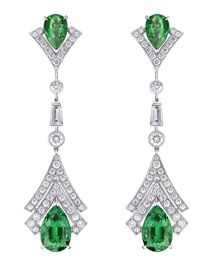 Vuitton Acte V Metamorphosis earrings featuring diamonds and emeralds.