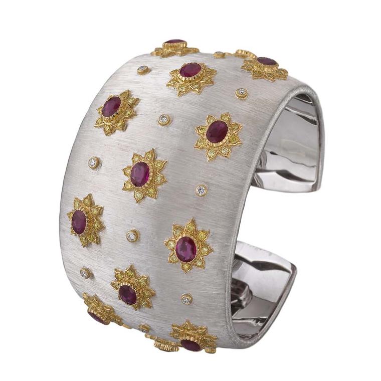 Buccellati Lastra cuff featuring brilliant and fancy cut diamonds and 7ct of oval rubies.