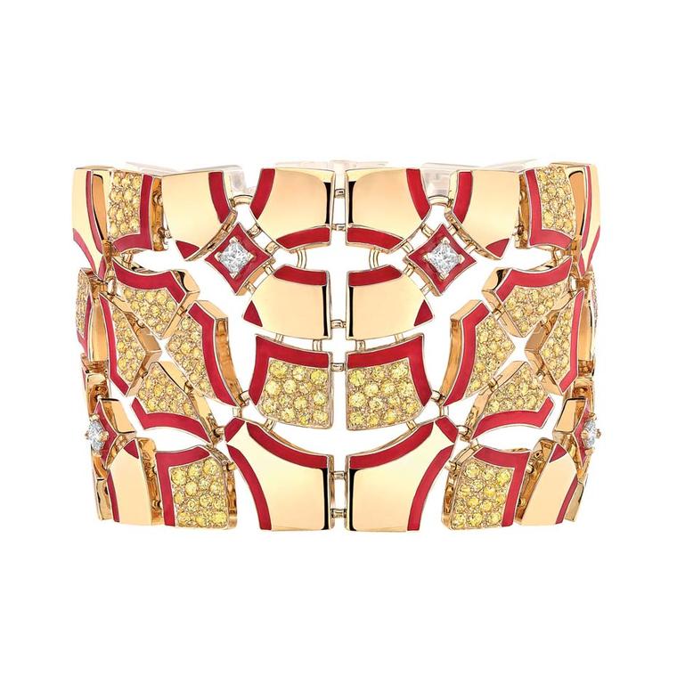 Chanel gold Sunrise cuff featuring enamelling and white and yellow diamonds, from the new Café Society collection.