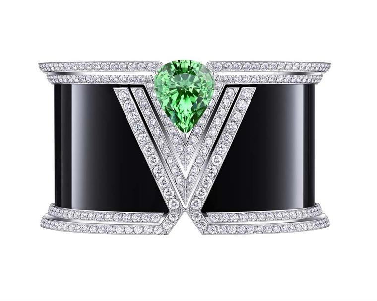 Louis Vuitton Acte V collection cuff featuring black onyx, diamonds and a pear-shaped tsavorite.