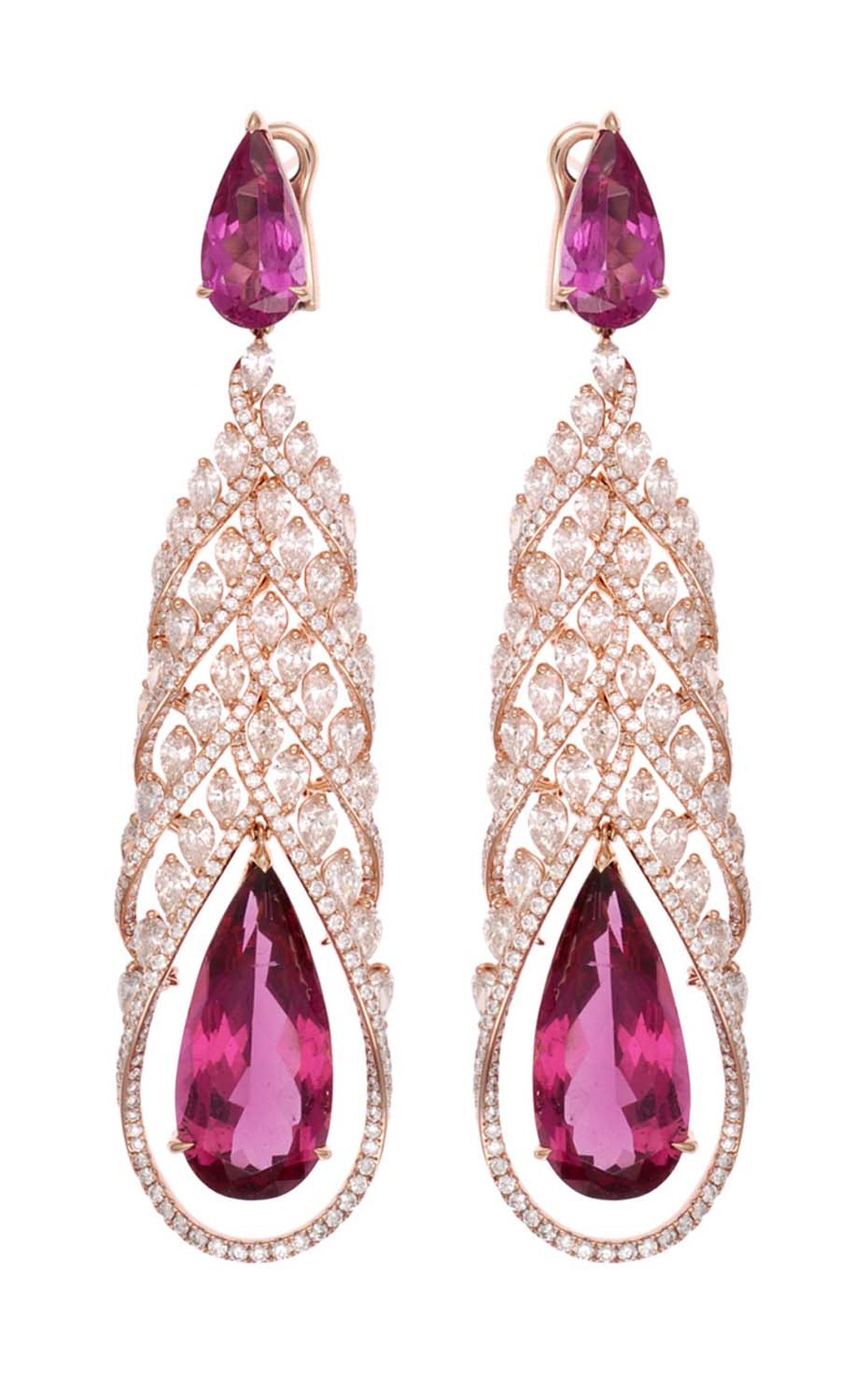 Chopard Red Carpet Collection earrings featuring pear-shaped ubellites surrounded by diamonds, set in rose gold (£POA).