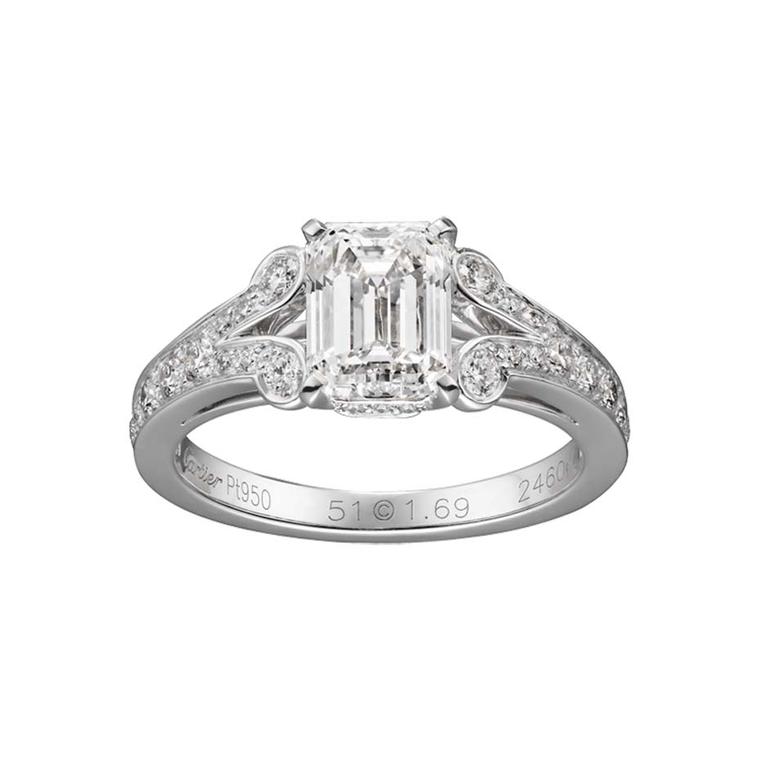 Cartier Ballerine emerald-cut diamond engagement ring with split shanks set with round brilliant diamonds