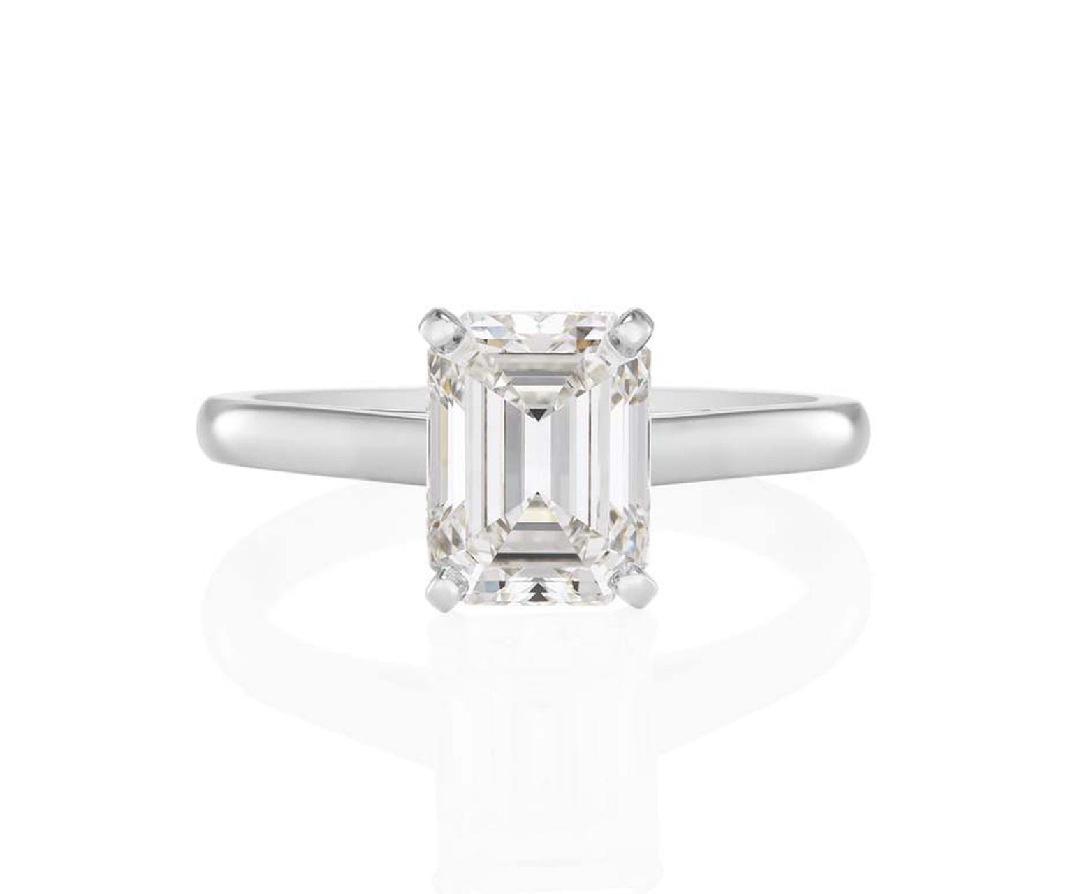 De Beers Classic Solitaire engagement ring featuring a four-prong-set emerald-cut solitaire on a platinum ban