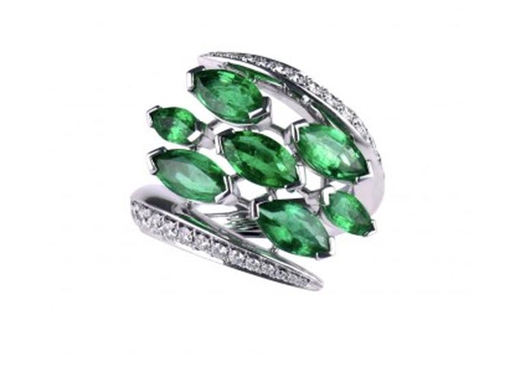 Shaun Leane Aerial collection white diamond and emerald Crossover ring (£14,750.00).